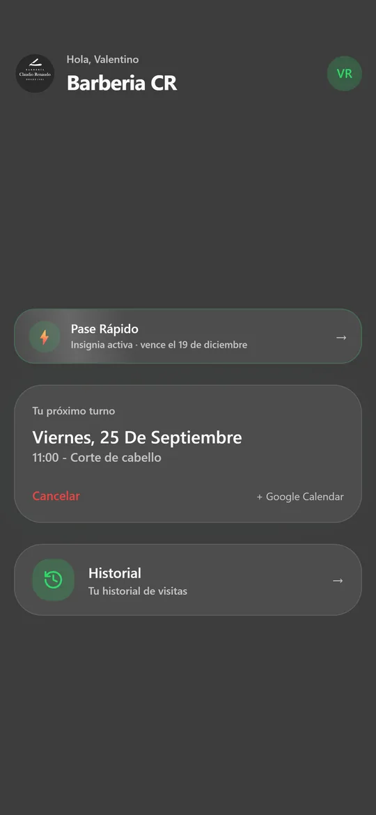Inicio de la app con el próximo turno reservado