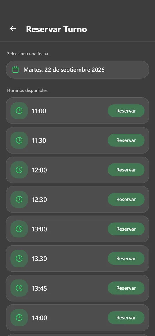 Pantalla de la app con los horarios disponibles del día y el botón Reservar